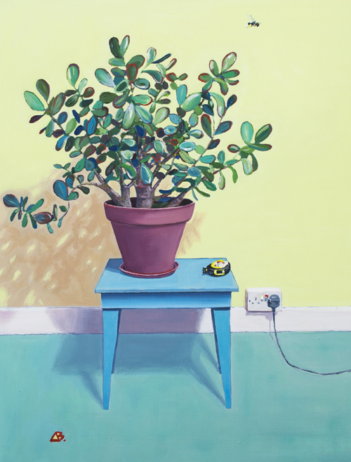 Houseplant with tape measure and bee